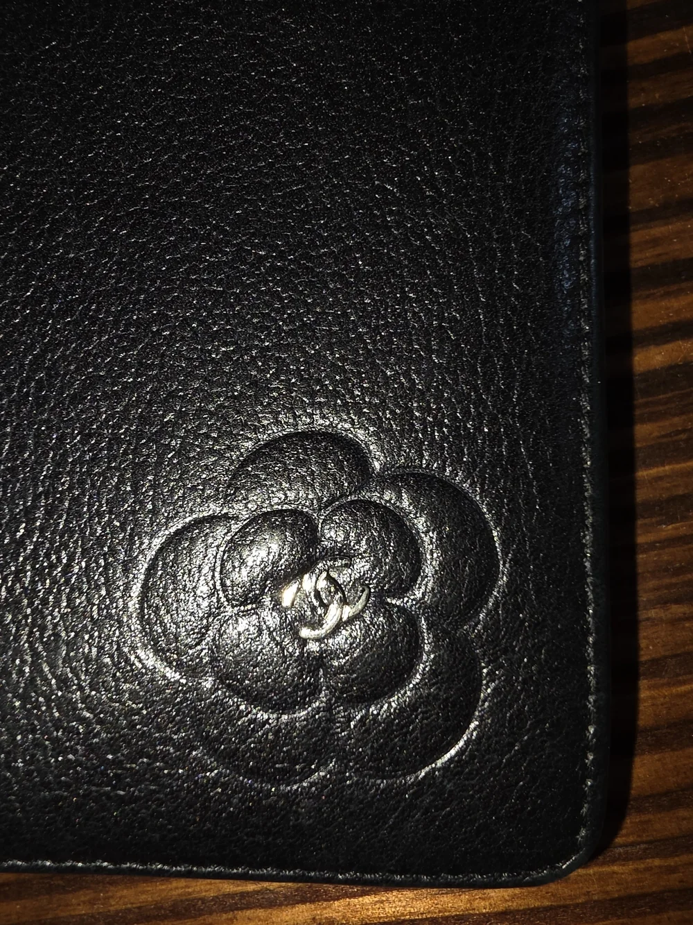 CHANEL Black Lambskin Leather Billfold Camellia Floral Accent With CC Emblem